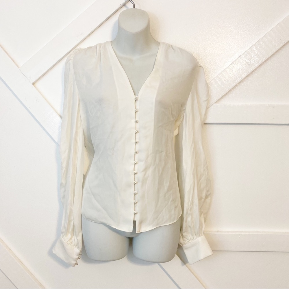 Generation Love Puff Sleeve Pearl Button Down Pleated Blouse White Size Small